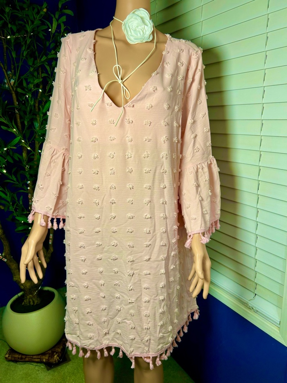 Women's Pink Midi Dress with Tassel Trim